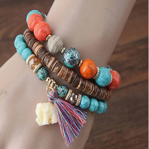 BOHO FASHION FAUX WOOD BEADED STRETCH BRACELET SET - Picture 3 of 6